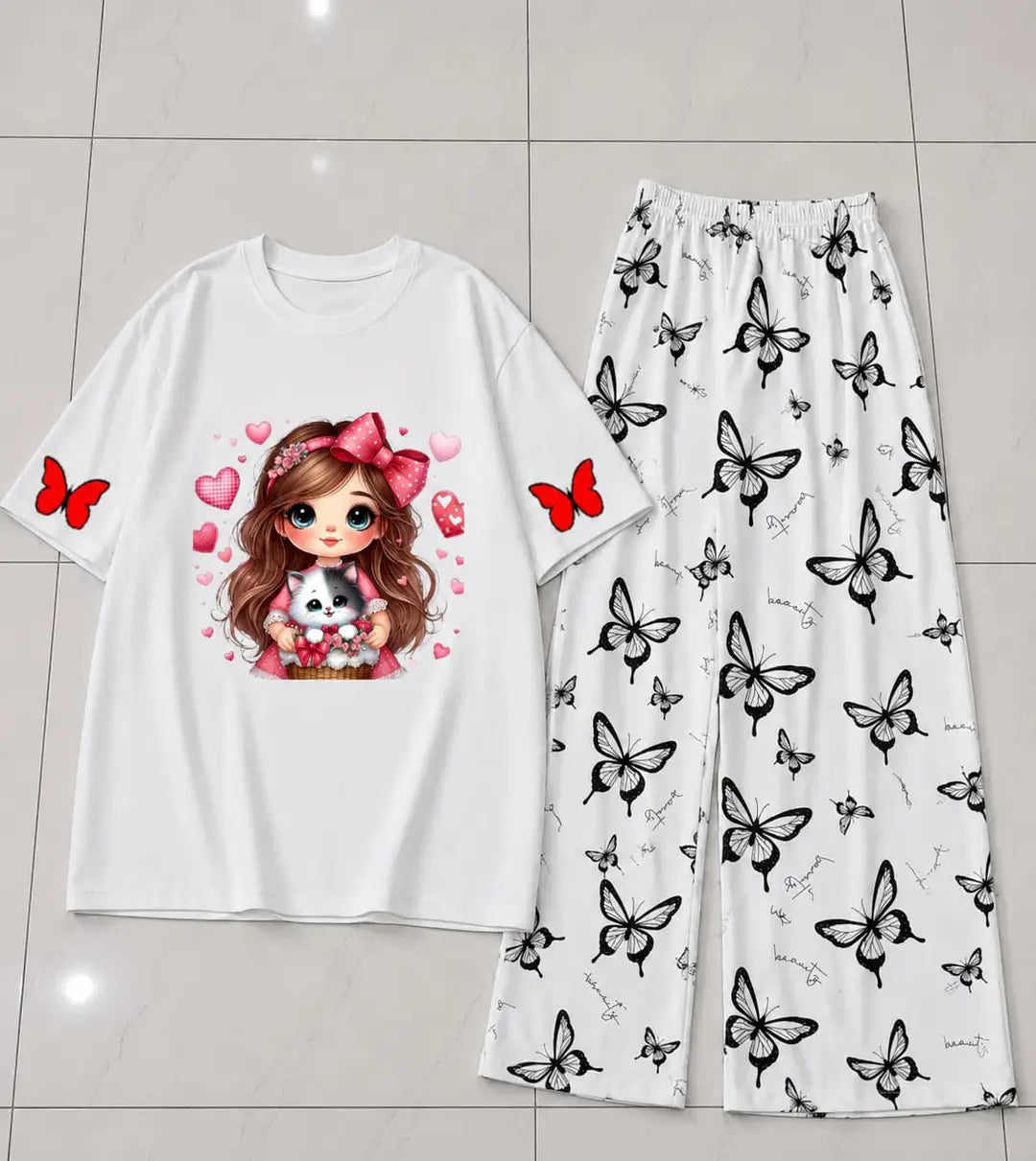 2 Pcs Women's Stitched Jersey Printed Night Suit - White