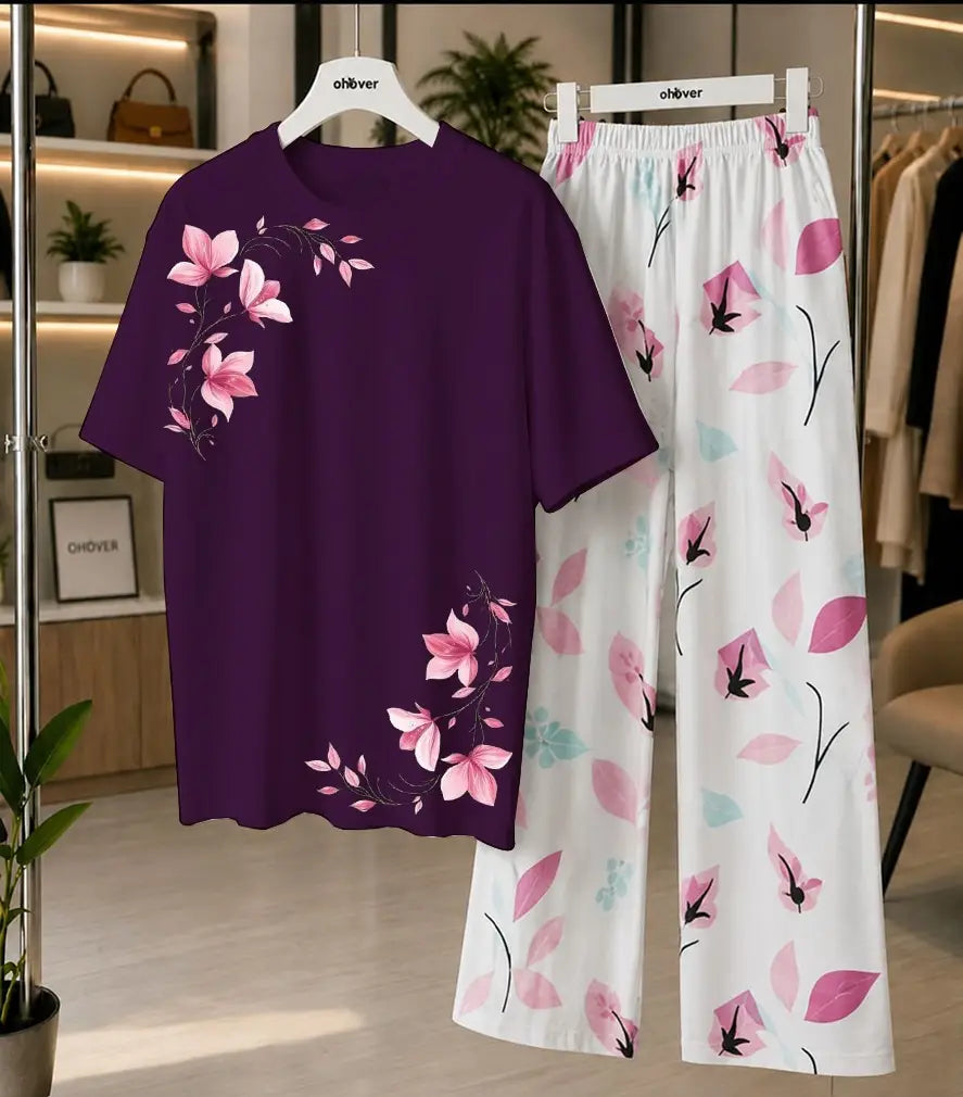 2 Pcs Women's Stitched Cotton Jersey Printed Night Suit - Purple