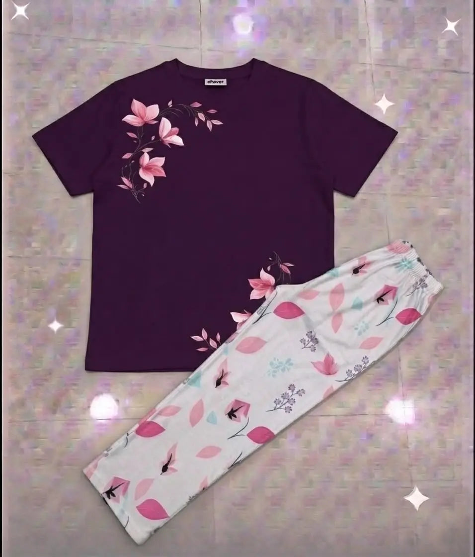 2 Pcs Women's Stitched Cotton Jersey Printed Night Suit - Purple