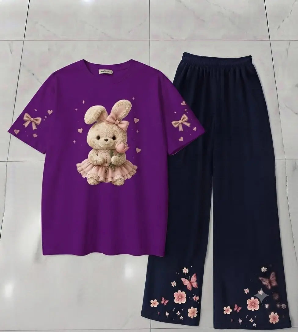 2 Pcs Women's Stitched Cotton Jersey Printed Night Suit - Purple 2