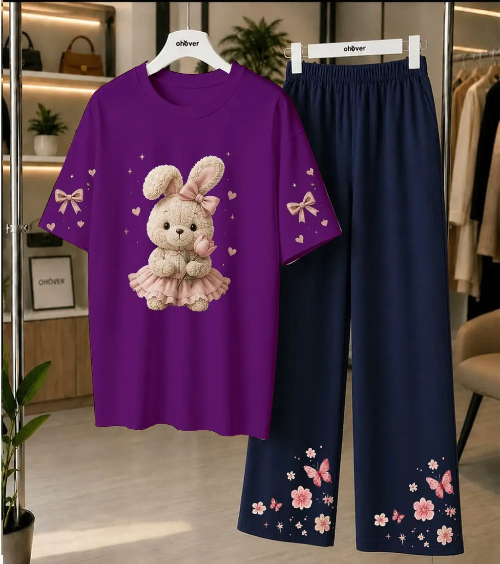 2 Pcs Women's Stitched Cotton Jersey Printed Night Suit - Purple 2