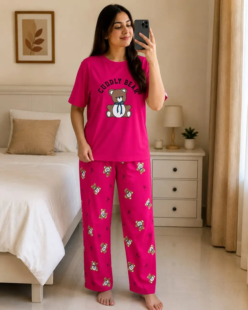 2 Pcs Women's Stitched Jersey Printed Night Suit - Pink 2