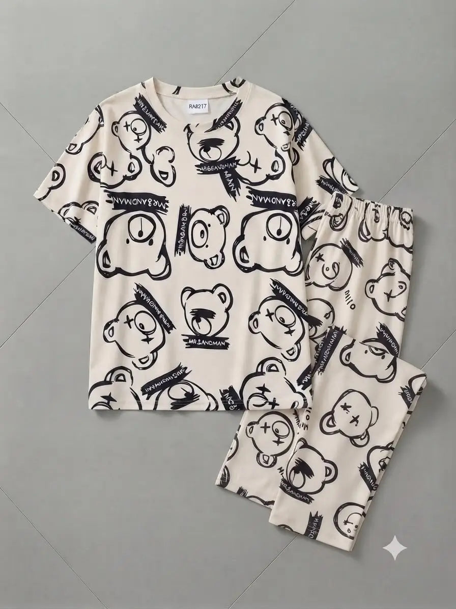 2 Pcs Women's Stitched Cotton Jersey Printed Night Suit - White