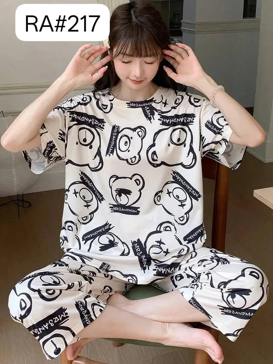 2 Pcs Women's Stitched Cotton Jersey Printed Night Suit - White