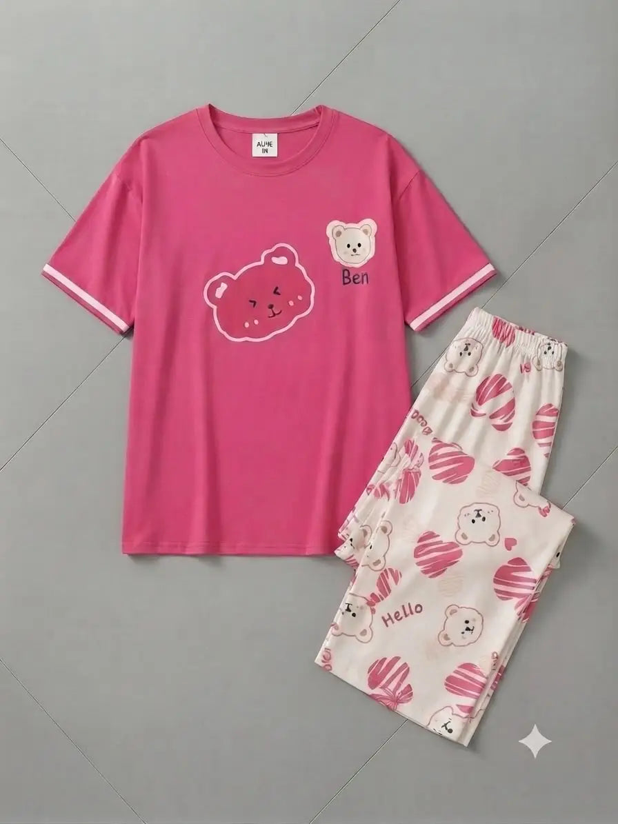2 Pcs Women's Stitched Cotton Jersey Printed Night Suit - Pink