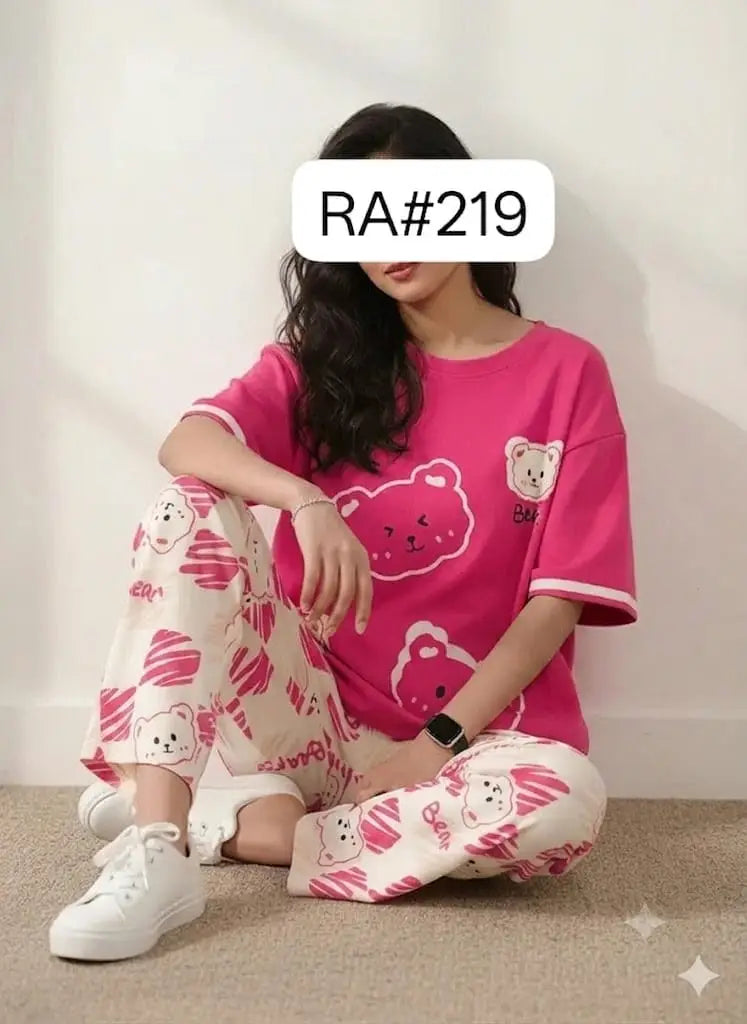 2 Pcs Women's Stitched Cotton Jersey Printed Night Suit - Pink