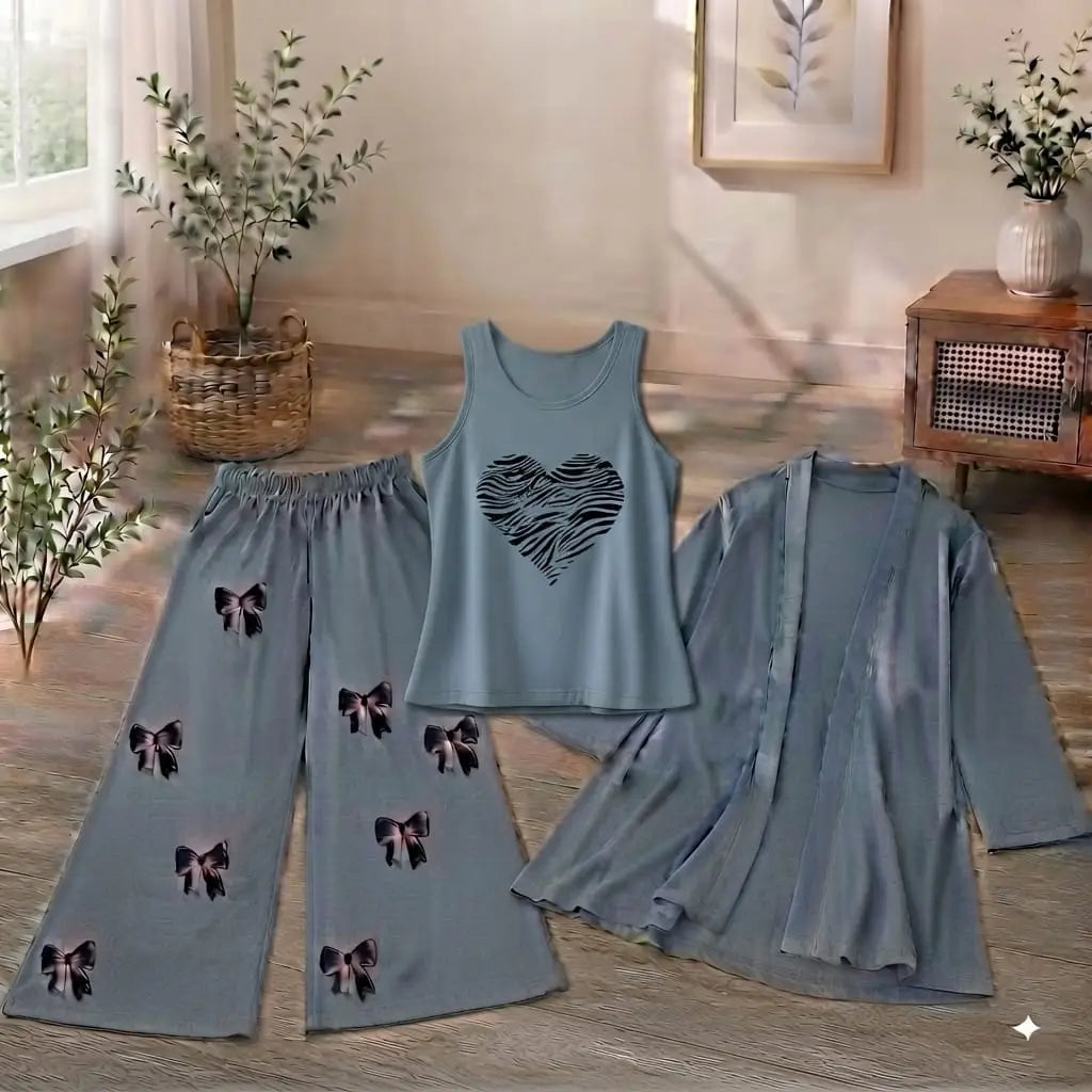 3 Pcs Women's Stitched Jersey Printed Night Suit - Grey