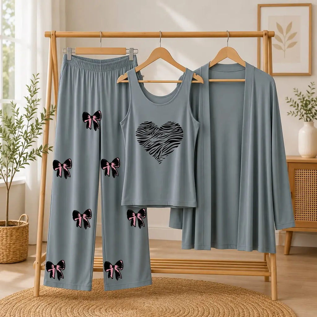 3 Pcs Women's Stitched Jersey Printed Night Suit - Grey
