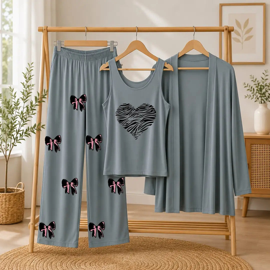 3 Pcs Women's Stitched Jersey Printed Night Suit - Grey