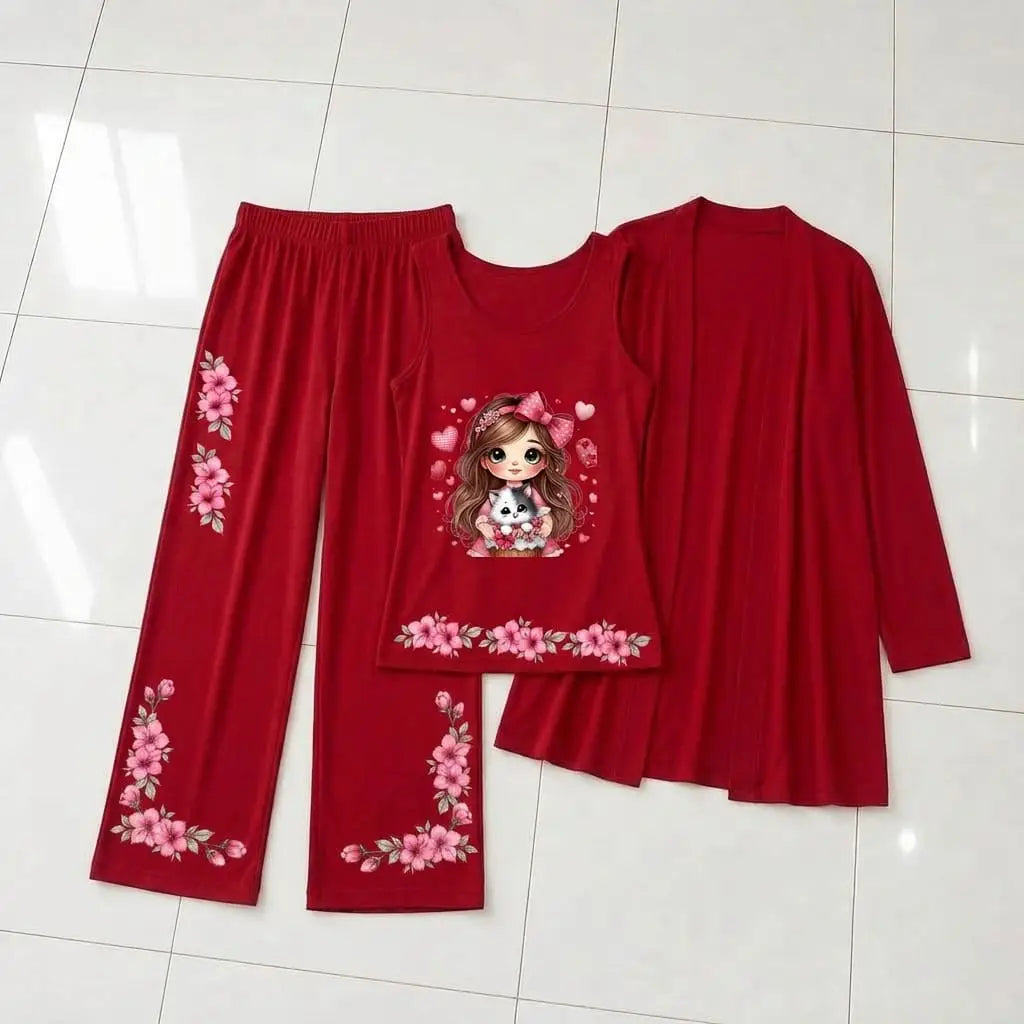 3 Pcs Women's Stitched Jersey Printed Night Suit - Design 2