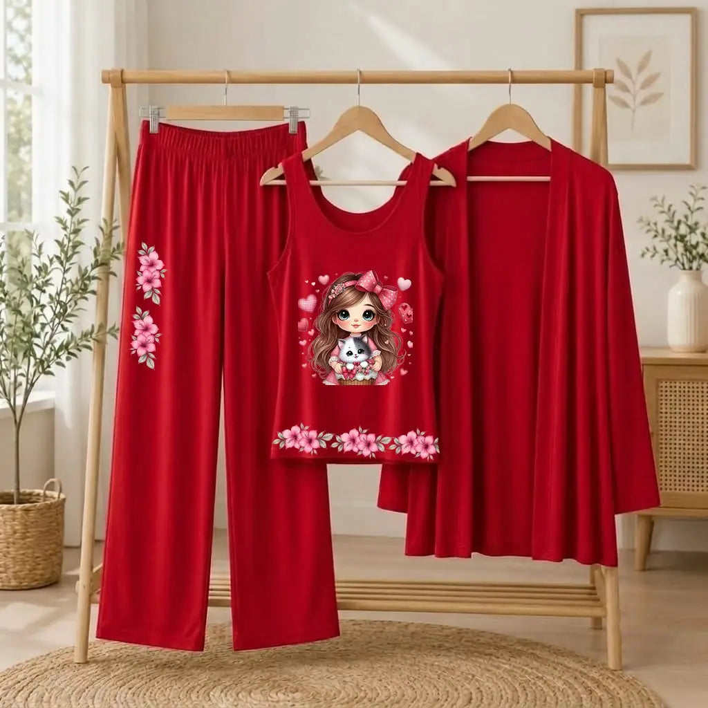 3 Pcs Women's Stitched Jersey Printed Night Suit - Design 2