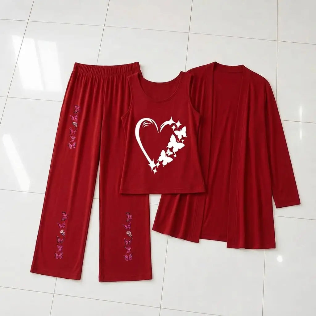 3 Pcs Women's Stitched Jersey Printed Night Suit - Design 1
