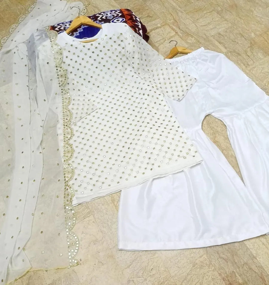 White Chiffon 3-Piece Suit with Sequins & Dupatta