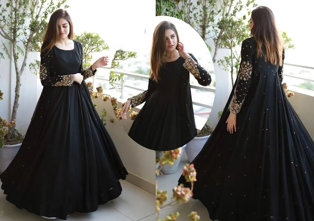 Black Maxi Suit with Gold Embroidery for Eid & Weddings