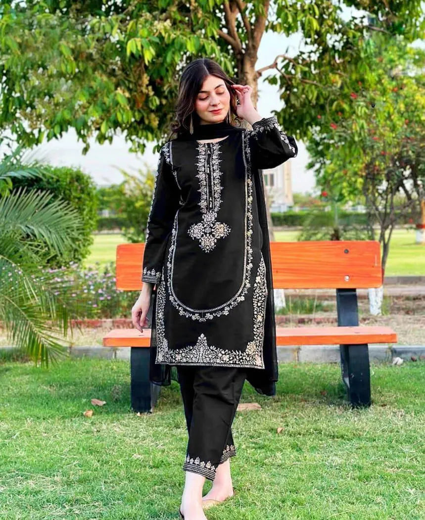 Black Embroidered 3-Piece Shamoz Silk Suit for Women