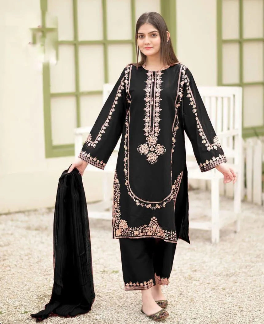 Black Embroidered 3-Piece Shamoz Silk Suit for Women