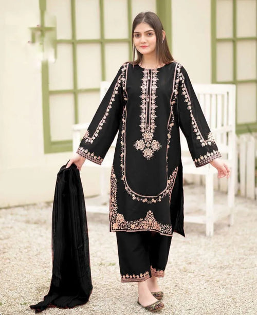 Black Embroidered 3-Piece Shamoz Silk Suit for Women