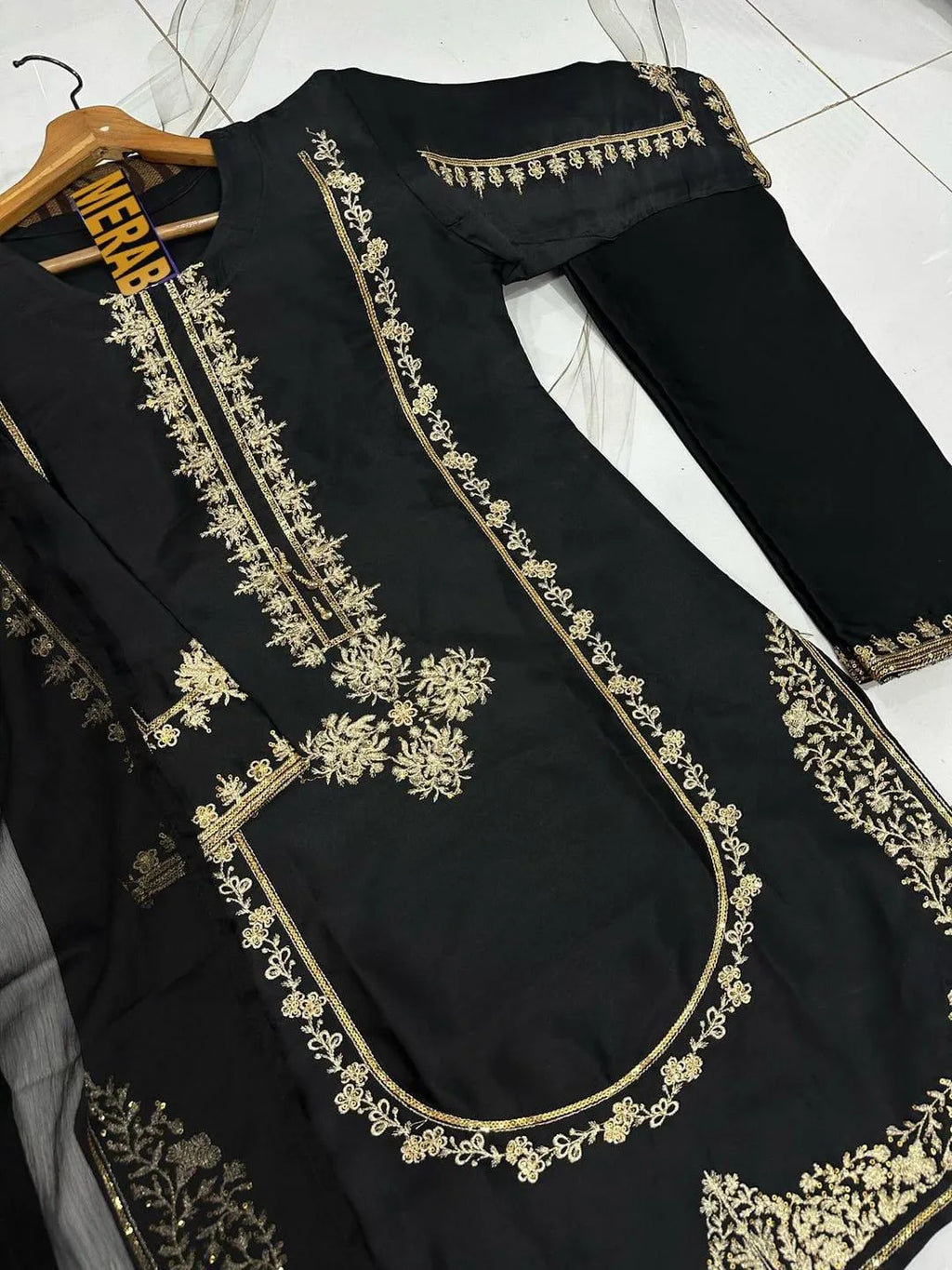 Black Embroidered 3-Piece Shamoz Silk Suit for Women
