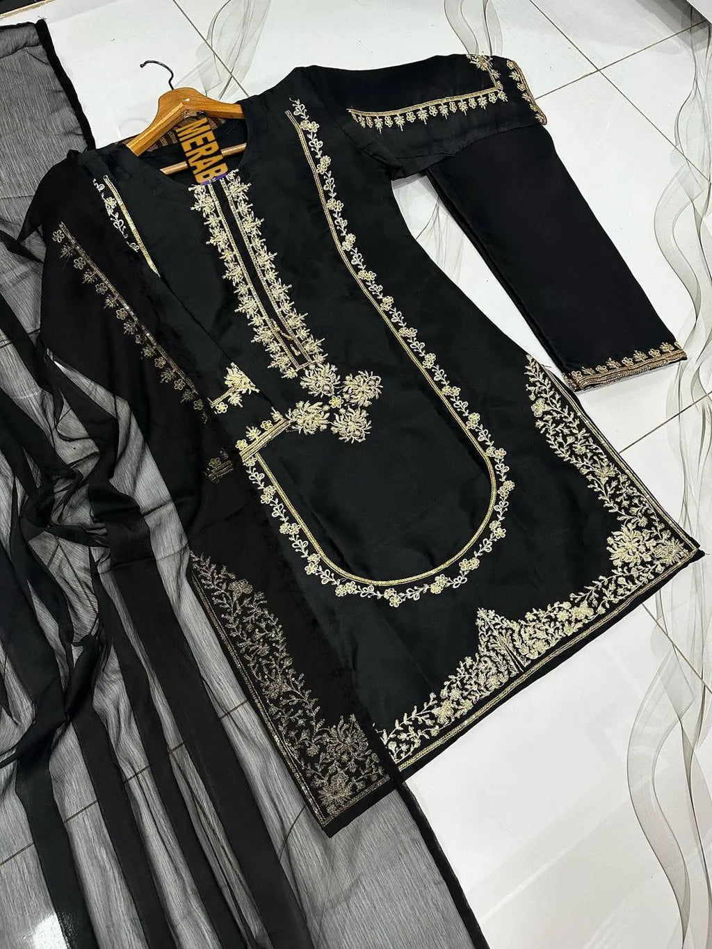 Black Embroidered 3-Piece Shamoz Silk Suit for Women