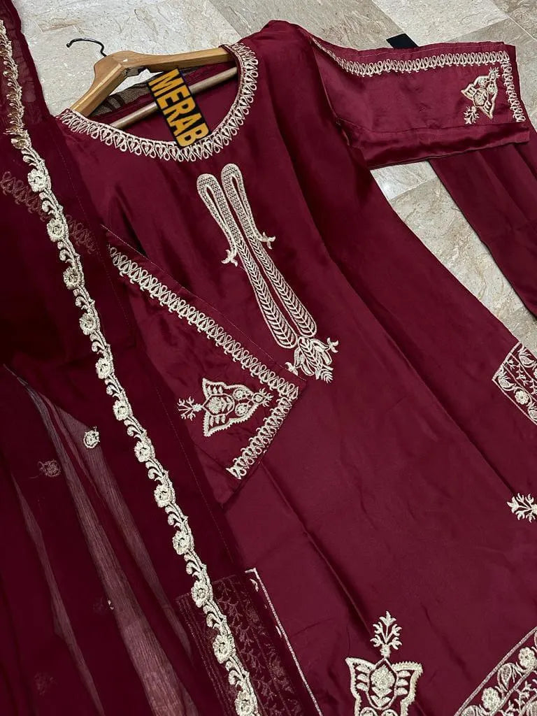 Maroon Embroidered 3-Piece Shamoz Silk Suit for Women