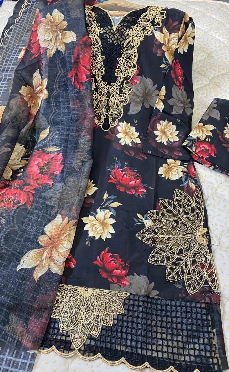 Black Floral 3-Piece Pakistani Suit with Chiffon Dupatta