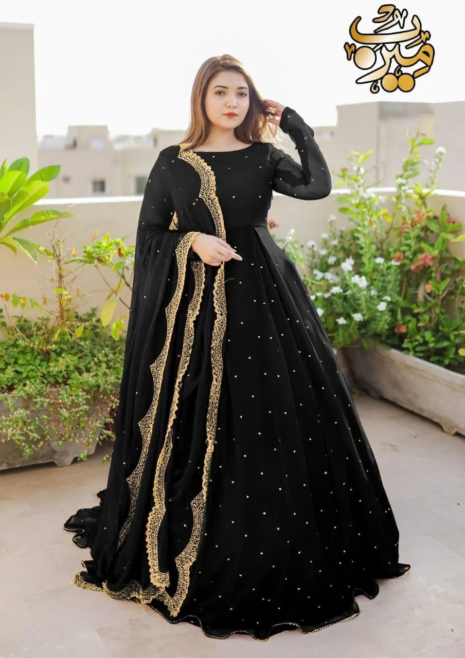 Black Embroidered Anarkali Suit 3Pcs Chiffon Maxi With Pearls Work