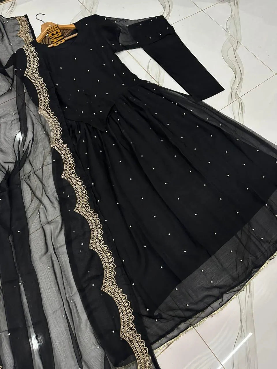 Black Embroidered Anarkali Suit 3Pcs Chiffon Maxi With Pearls Work