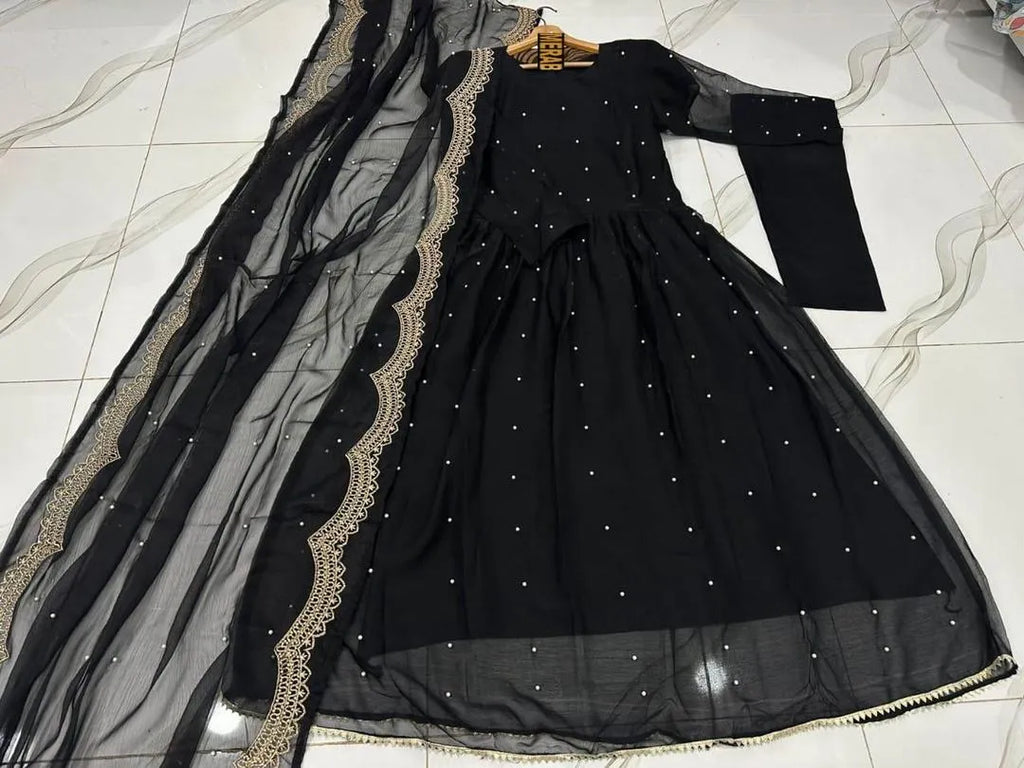 Black Embroidered Anarkali Suit 3Pcs Chiffon Maxi With Pearls Work