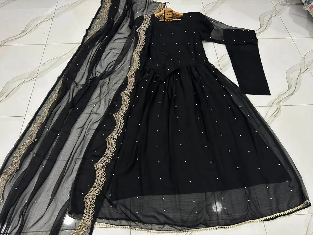 Black Embroidered Anarkali Suit 3Pcs Chiffon Maxi With Pearls Work