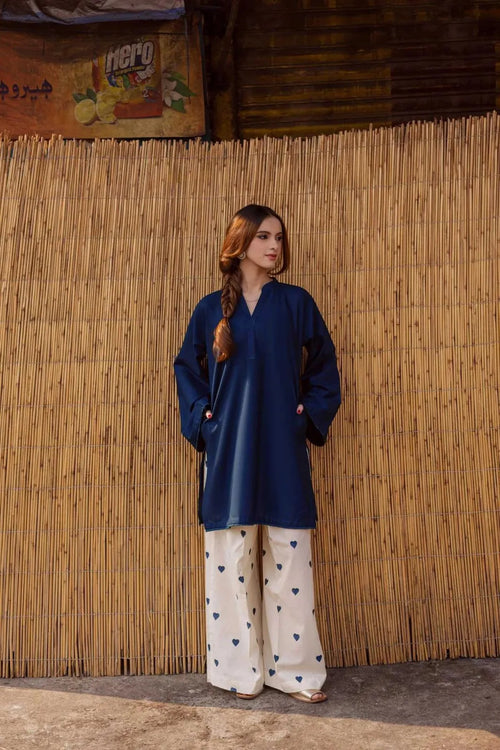 Women's Navy Blue Kurta with White Polka Dot Pants
