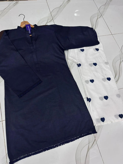 Women's Navy Blue Kurta with White Polka Dot Pants