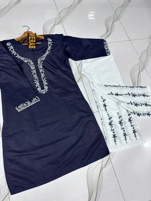 Blue Embroidered Cotton Kurta Set for Women