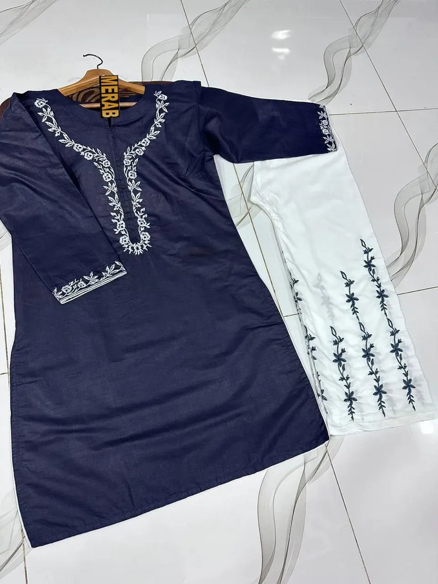 Blue Embroidered Cotton Kurta Set for Women