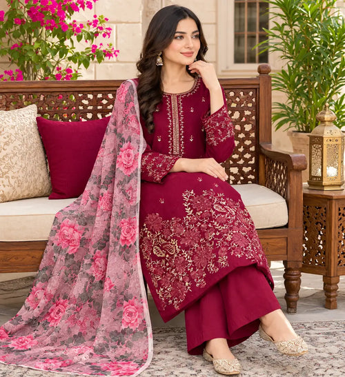 3 Pcs Women's Unstitched Embroidered Suit