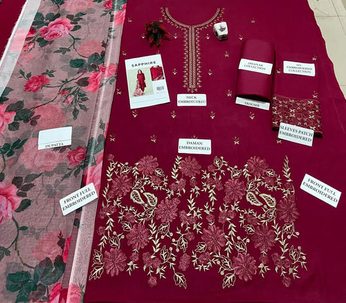 3 Pcs Women's Unstitched Embroidered Suit