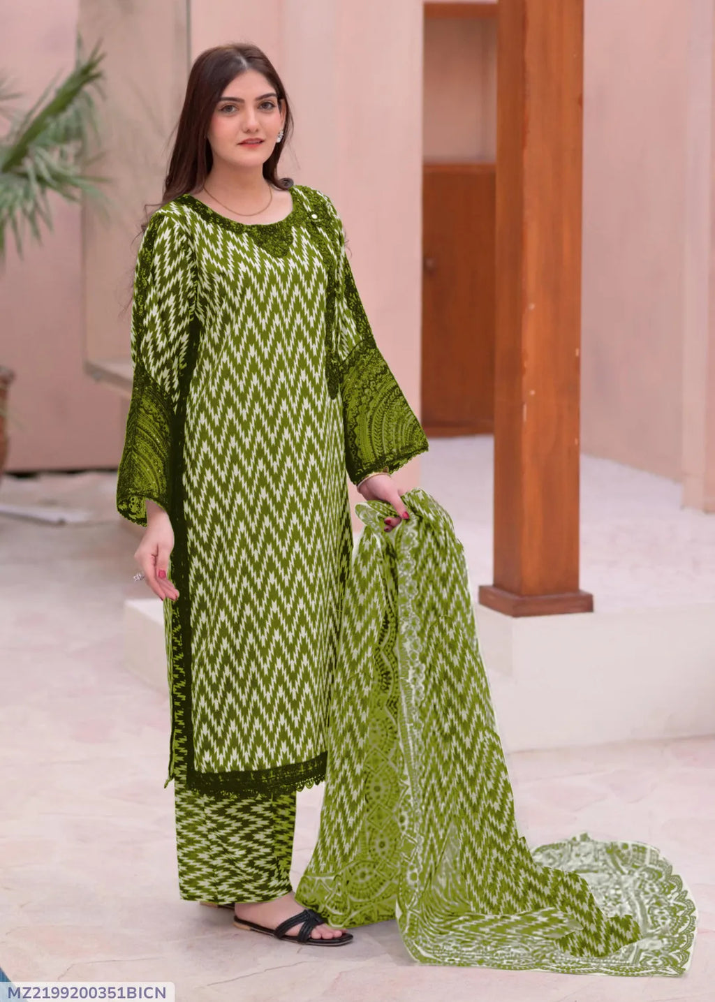 3 Pcs Women's Stitched Lawn Printed Suit - Green