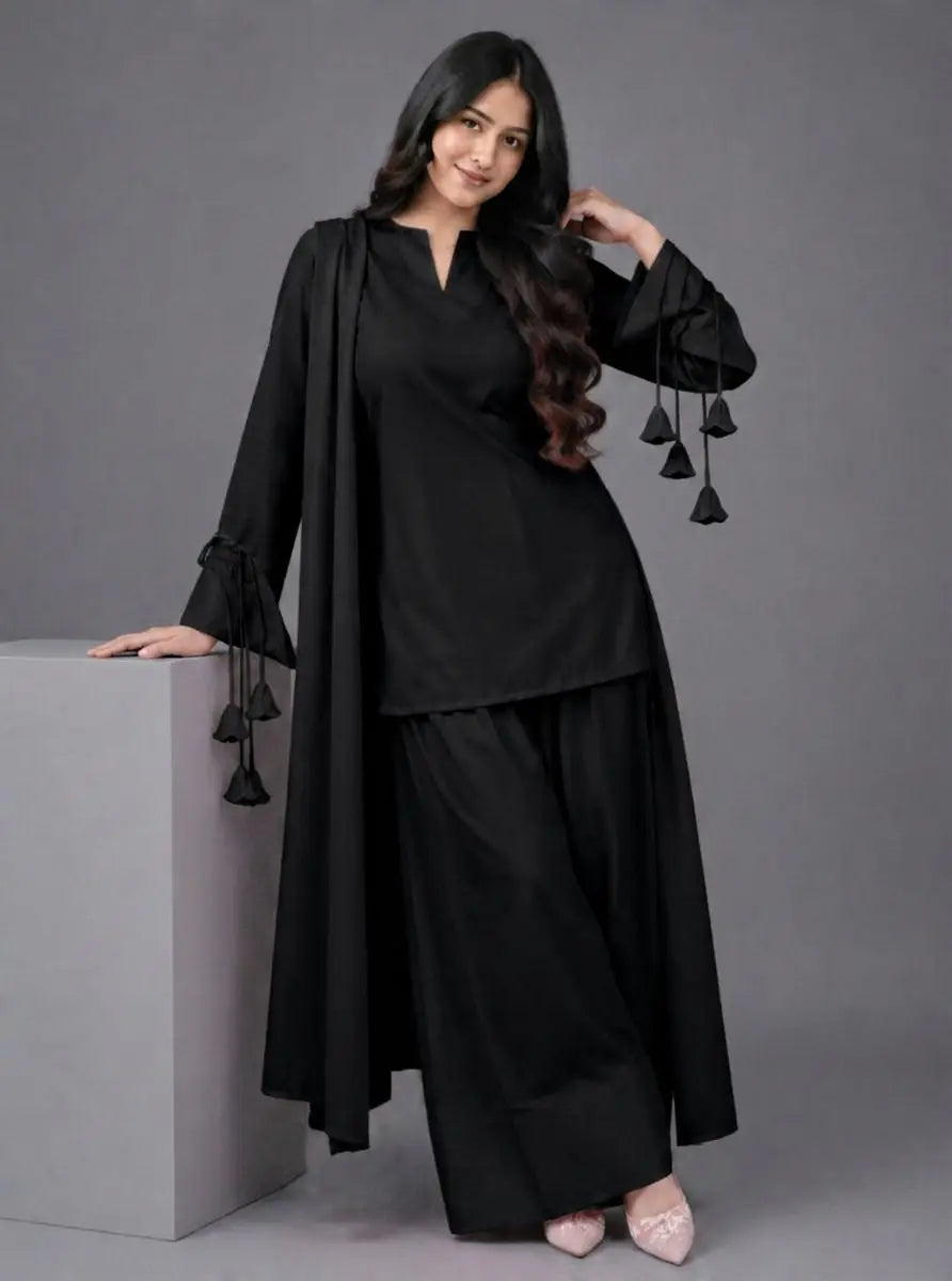 3 Pcs Women's Stitched Linen Plain Suit