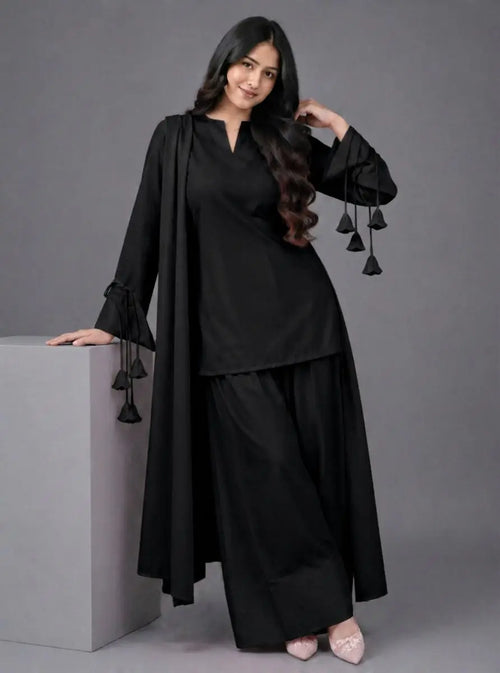 3 Pcs Women's Stitched Linen Plain Suit