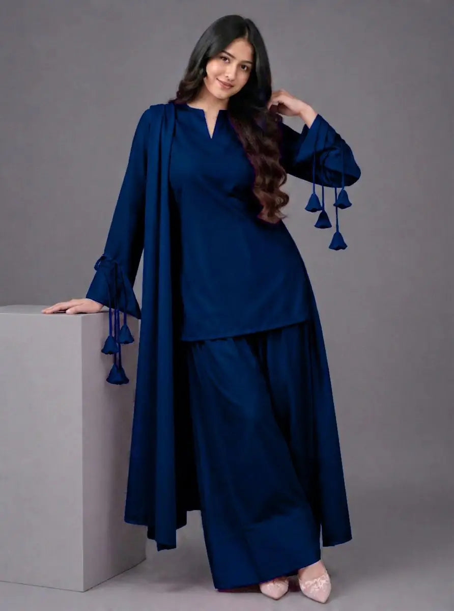 3 Pcs Women's Stitched Linen Plain Suit