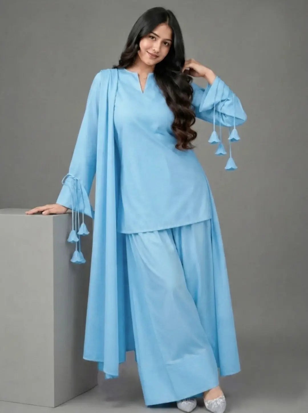 3 Pcs Women's Stitched Linen Plain Suit