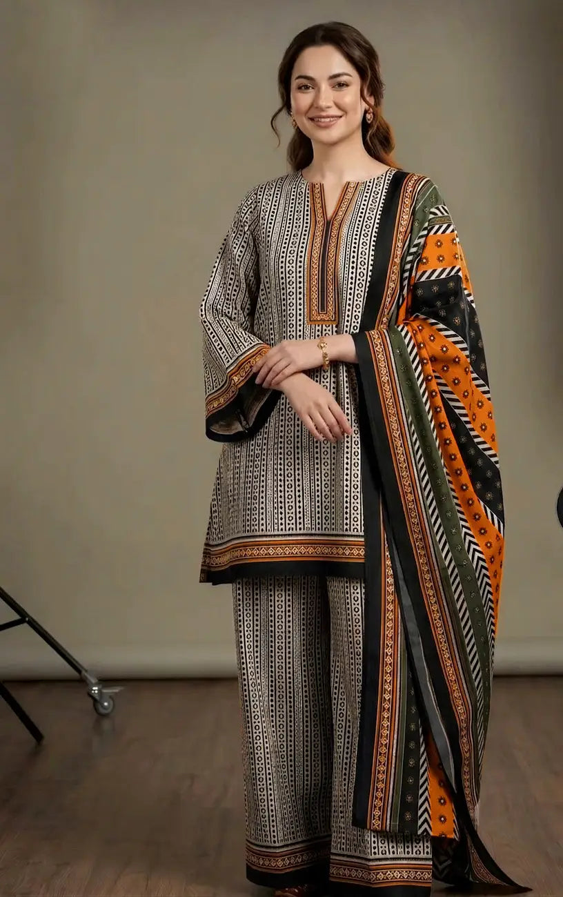 3 Pcs Women's Stitched Lawn Printed Suit