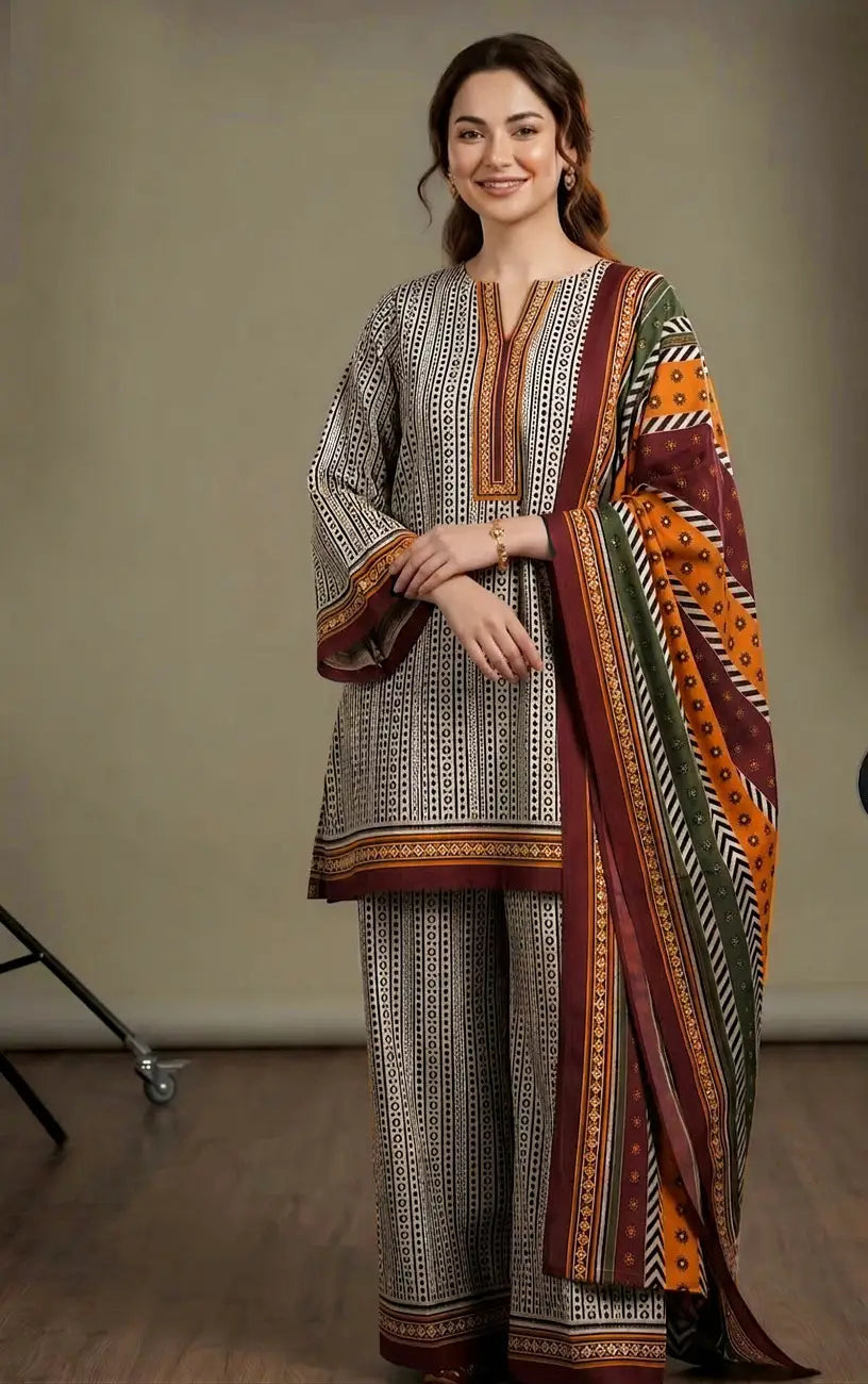 3 Pcs Women's Stitched Lawn Printed Suit