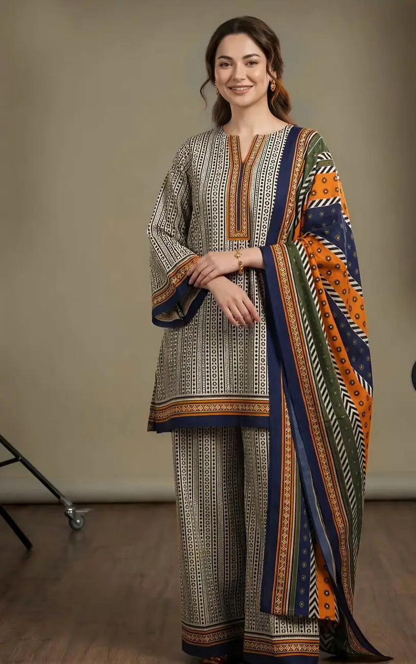 3 Pcs Women's Stitched Lawn Printed Suit