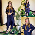 Blue Linen 2-Piece Wedding Party Outfit with Golden Embroidery