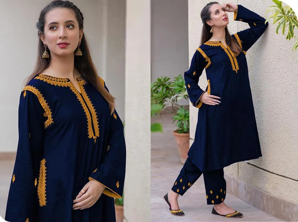 Blue Linen 2-Piece Wedding Party Outfit with Golden Embroidery