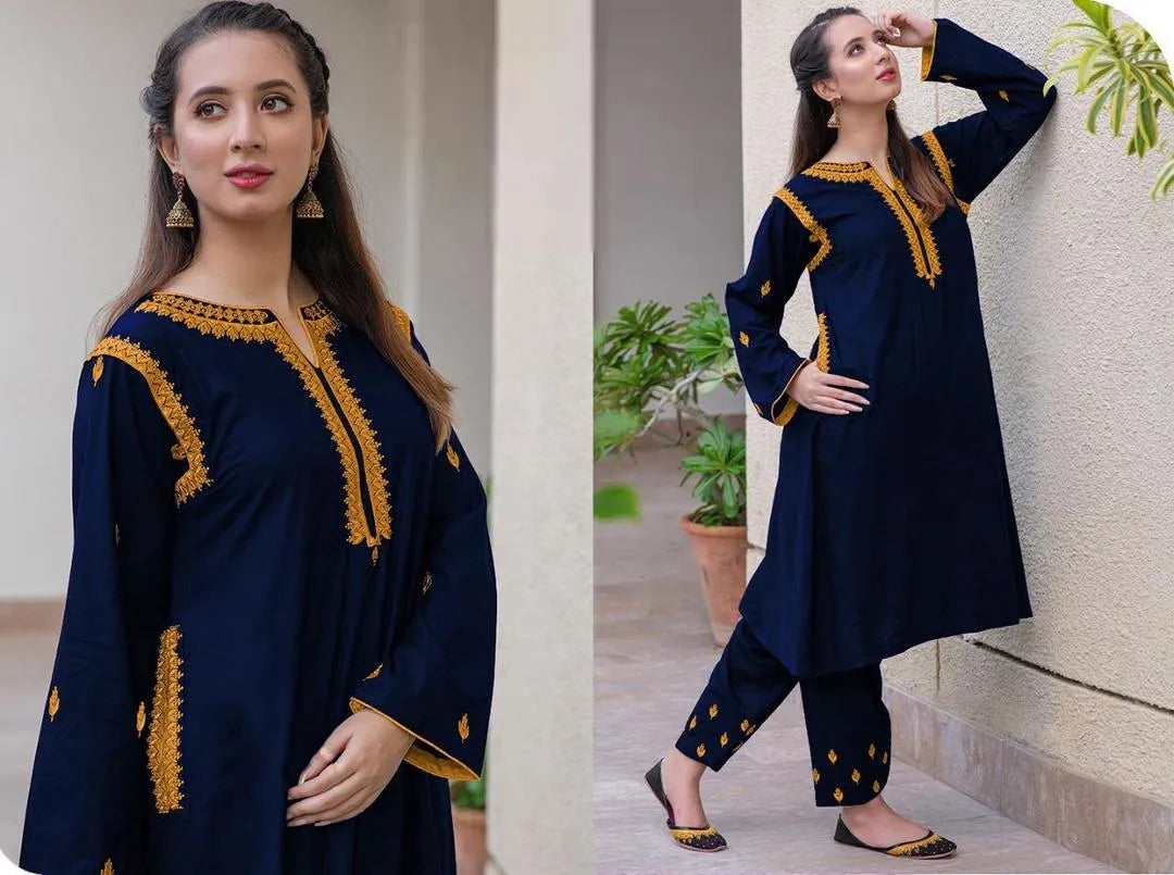 Blue Linen 2-Piece Wedding Party Outfit with Golden Embroidery