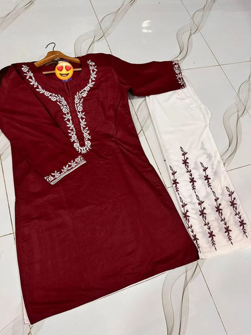 Women Embroidered Cotton Pajama Set Red White 2Pcs