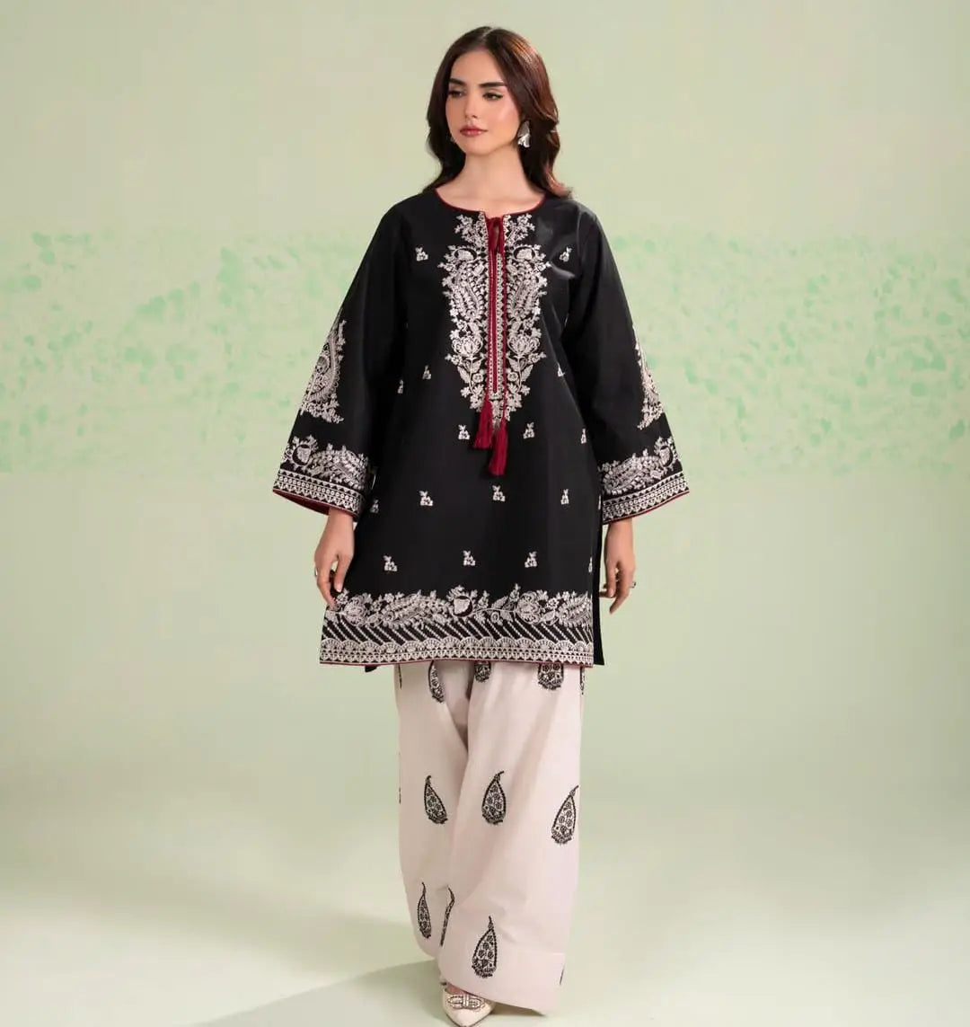 2 Pcs Women's Stitched Cotton Embroidered Shirt And Trouser - Black