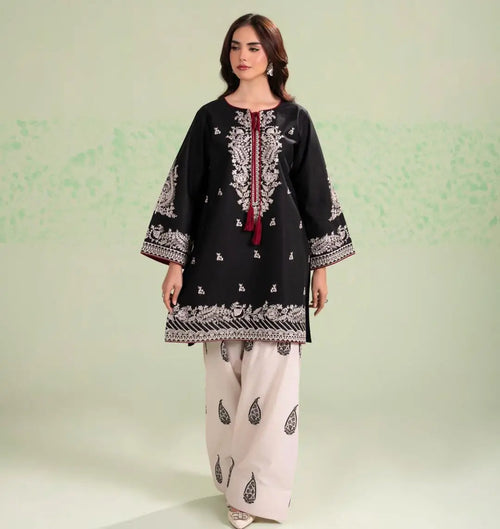 2 Pcs Women's Stitched Cotton Embroidered Shirt And Trouser - Black