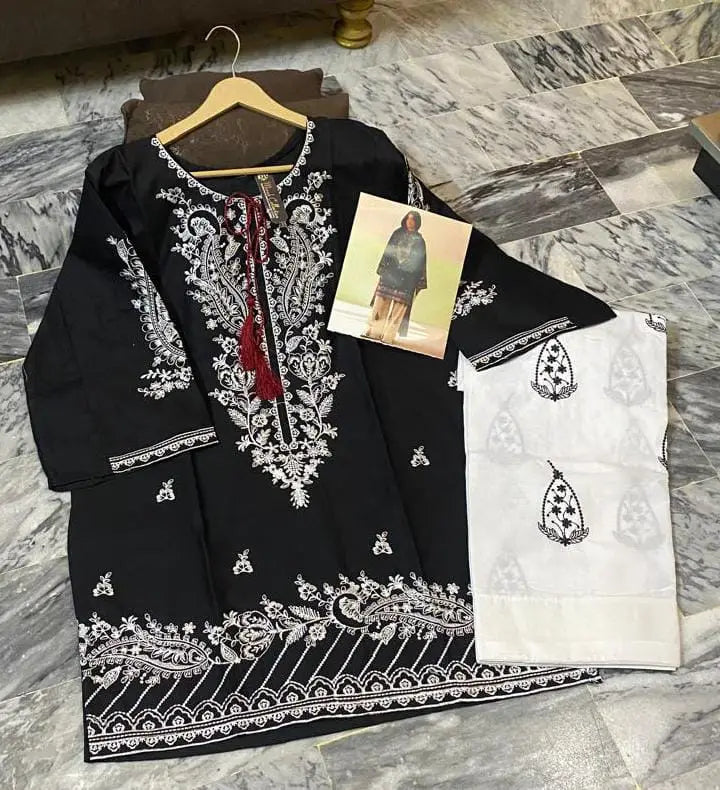 2 Pcs Women's Stitched Cotton Embroidered Shirt And Trouser - Black